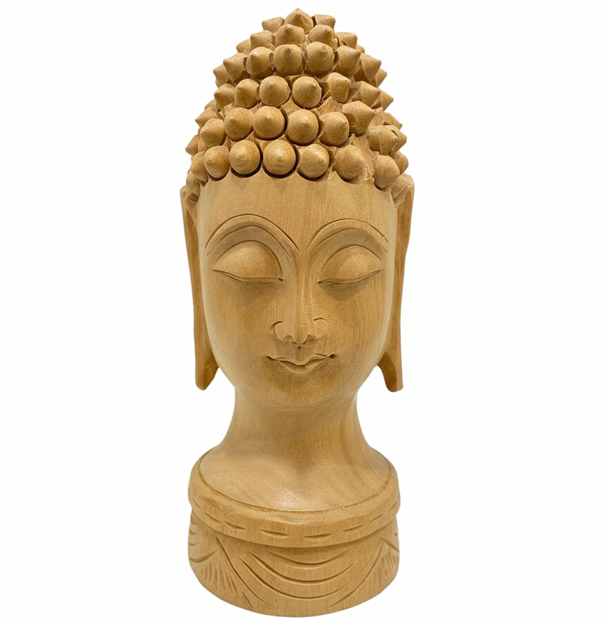 Handcrafted Wooden Buddha Head Sculpture