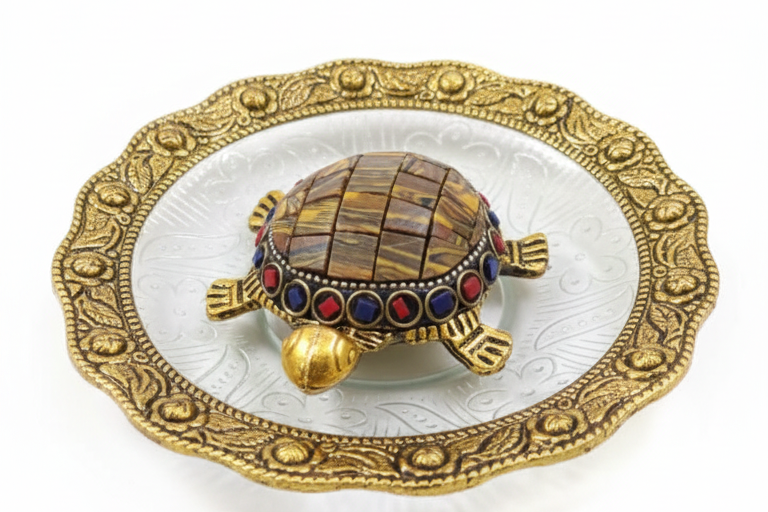 Auspicious Golden Feng Shui Tortoise on Ornate Glass Plate