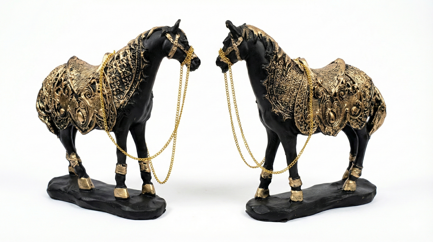 The Regal Pair: Black & Gold Horse Statues