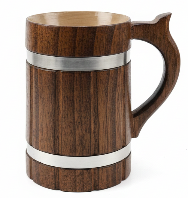 Rustic Elegance: Hand-Carved Wooden Tankard with Stainless Steel Bands
