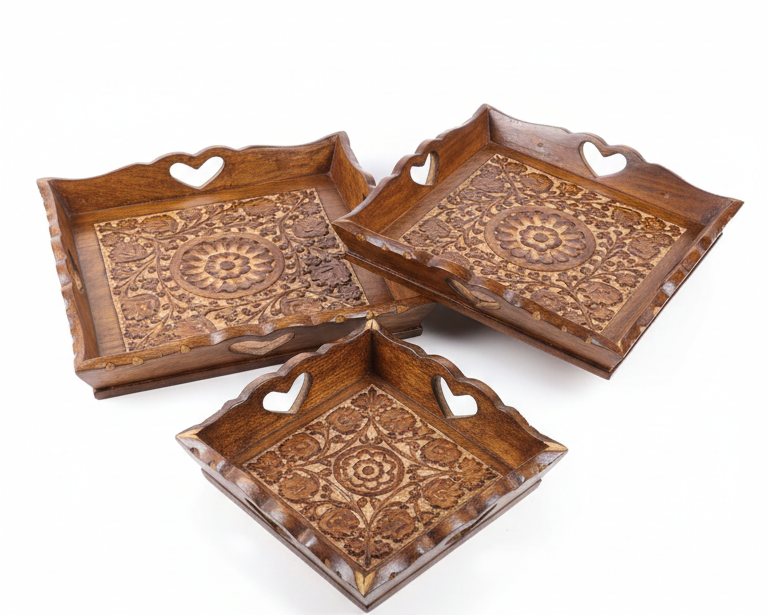 Decorative 3-Piece Carved Wooden Tray Set
