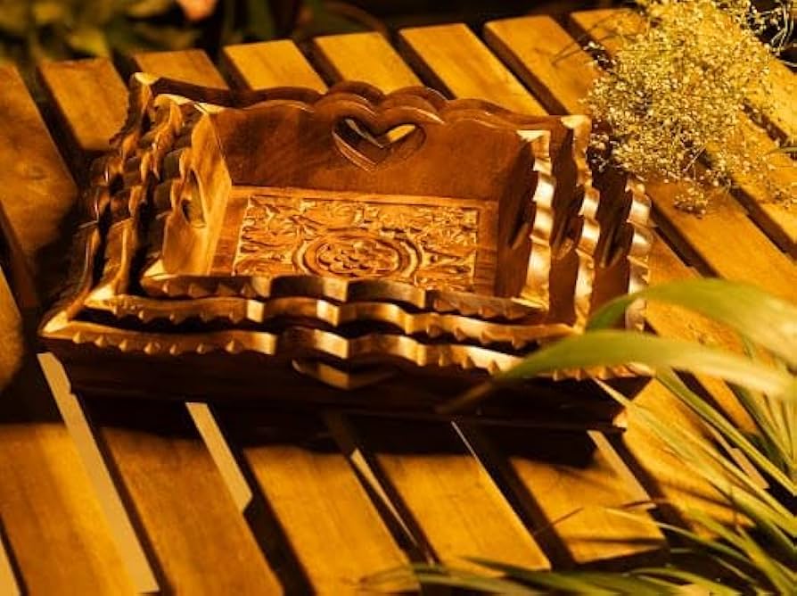 Decorative 3-Piece Carved Wooden Tray Set