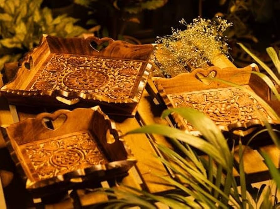 Decorative 3-Piece Carved Wooden Tray Set
