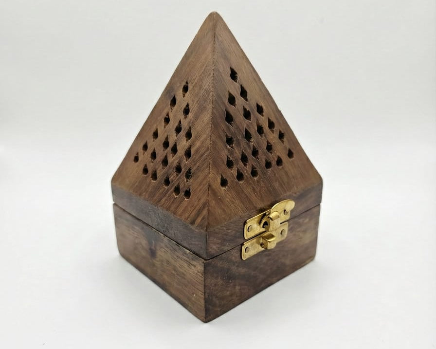 Handcrafted Wooden Pyramid Incense Burner & Storage Box