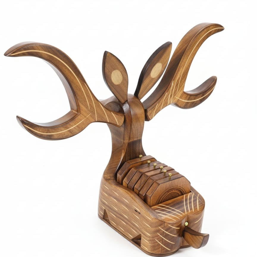 Nature's Elegance: Handcrafted Wooden Deer Coaster Set