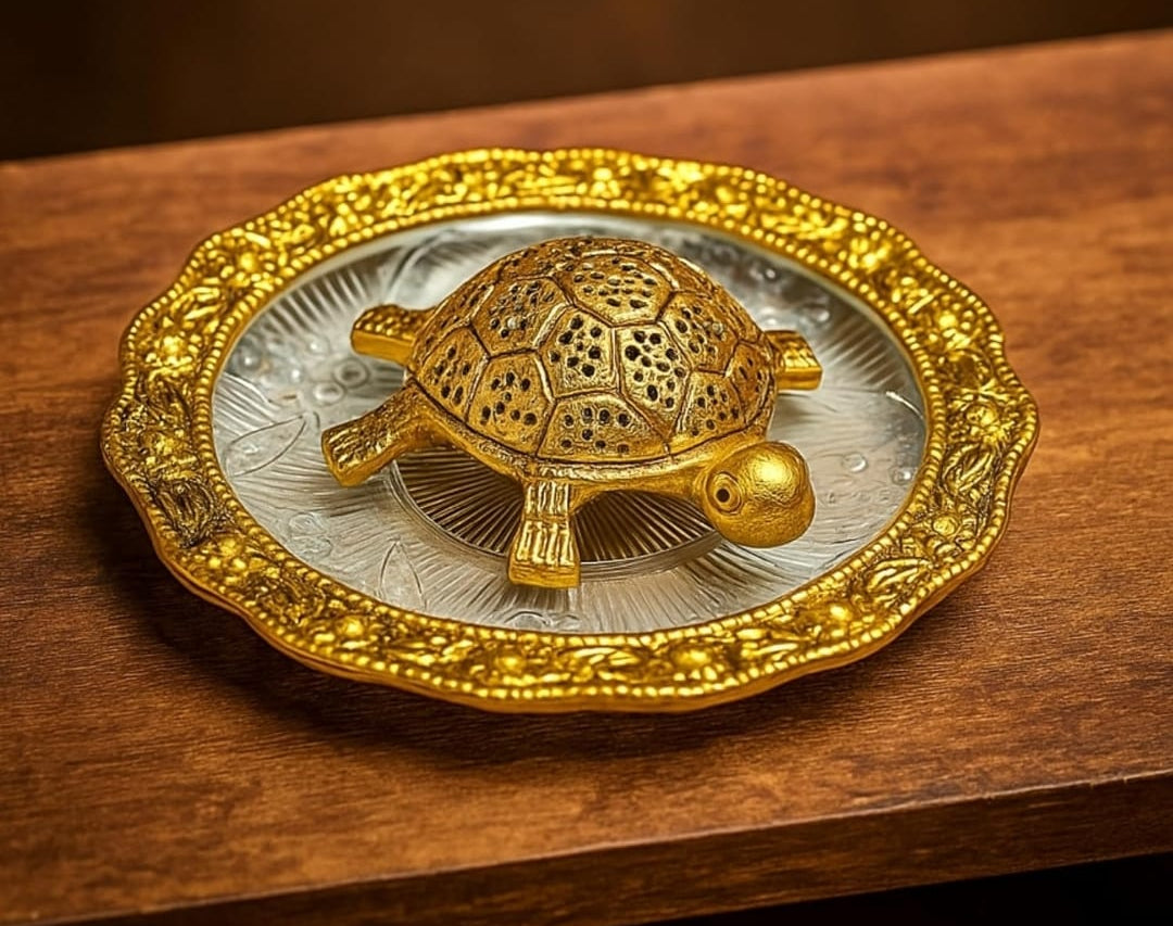 Golden Metal Feng Shui Tortoise on Glass Plate