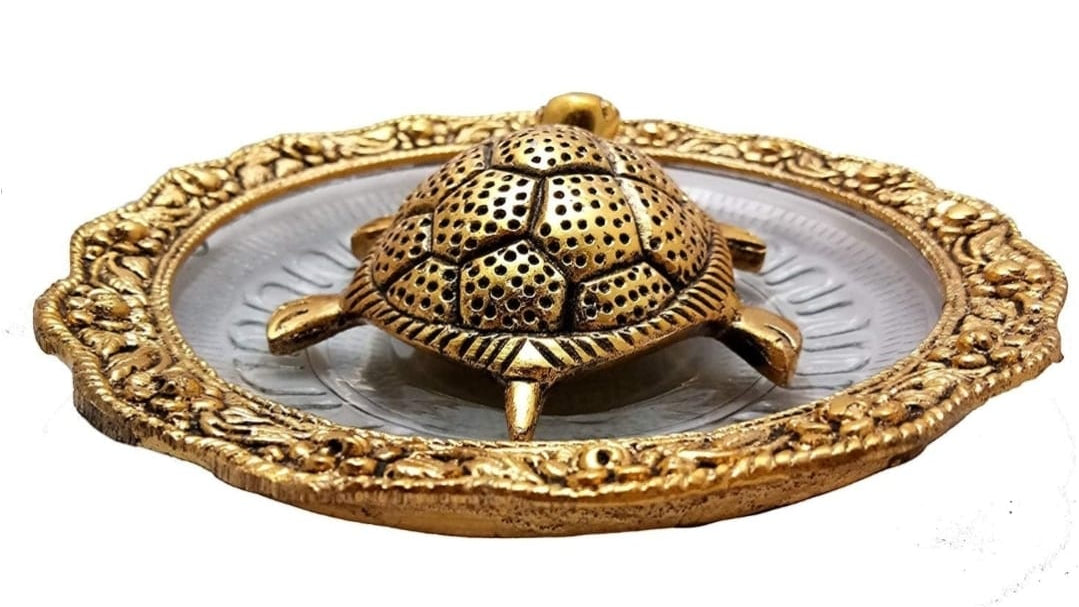 Golden Metal Feng Shui Tortoise on Glass Plate