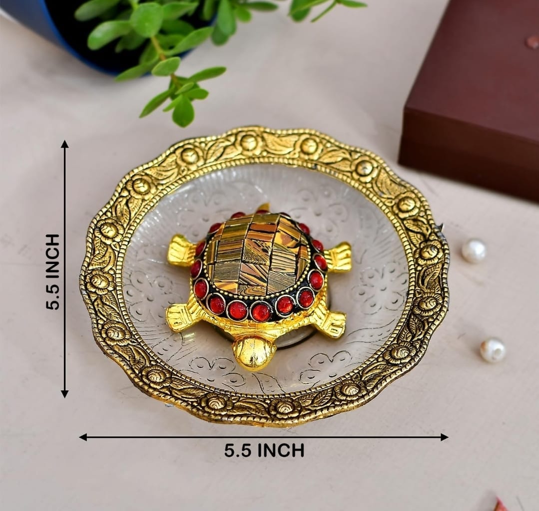 Auspicious Golden Feng Shui Tortoise on Ornate Glass Plate