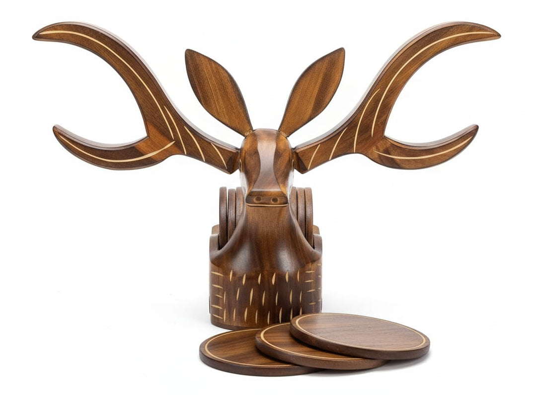 Nature's Elegance: Handcrafted Wooden Deer Coaster Set