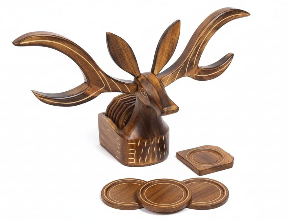 Nature's Elegance: Handcrafted Wooden Deer Coaster Set