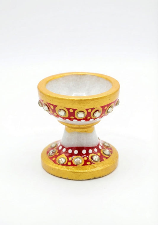 Handcrafted White Marble Diya Holder with Traditional Red & Gold Kundan Work